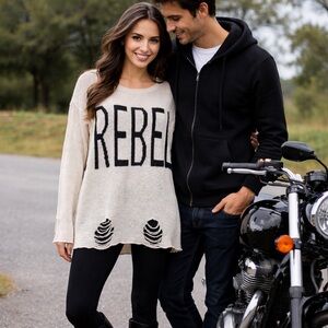 AQUA Women’s Sweater Shirt Sz Medium REBEL Black Ivory Cutout Grunge Boho Biker